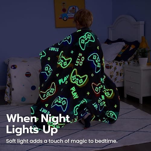 Joiedomi Glow in The Dark Gaming Blanket Gamer Gifts for Boys Age 2 3 4 5 6 7 8 9 10 11 12 Year Old, Soft Cozy Flannel Kids Throw Blanket, Birthday Bedroom Decor Grey 50"×60" thumbnail 3