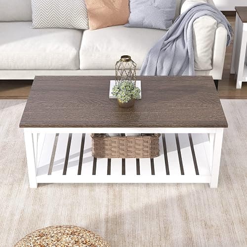 ChooChoo Farmhouse Coffee Table, Rustic Vintage Living Room Table with Shelf, 40 White thumbnail 3
