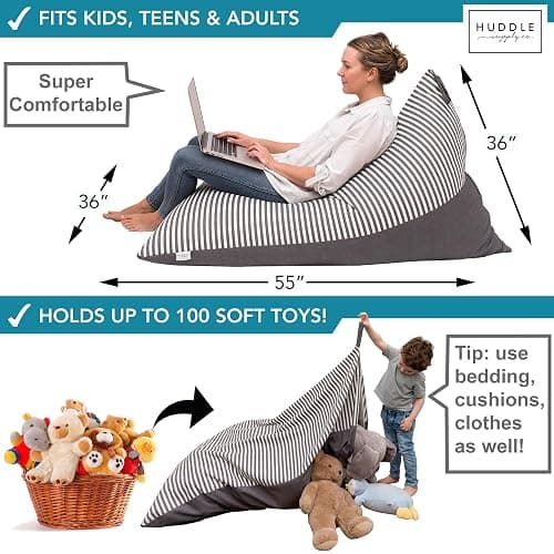 Huddle Designer Stuffed Animal Bean Bag Storage Chair Cover XL Grey Stripes | Washable 100% cotton canvas cover holds 100+ stuffies & more to cleanup quick and make a comfy bean bag chair for your kiddo thumbnail 2