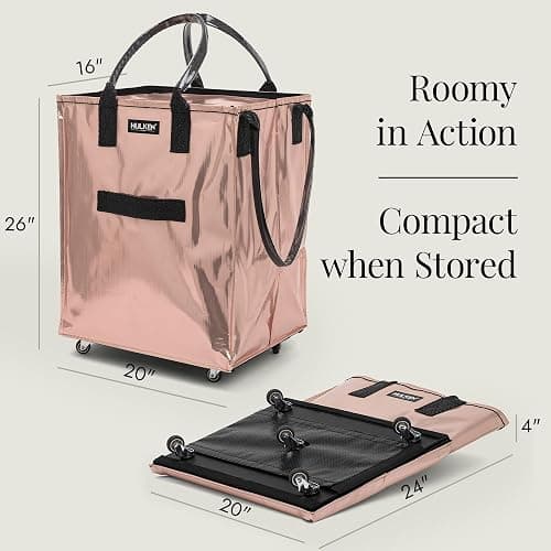 (Large, Rose Gold) Reusable Grocery Bag On Wheels, Shopping Trolley, Rolling Tote, Zipper Closure, Lightweight, Carries Up to 66 lb, Folds Flat, Unbreakable Handles thumbnail 5