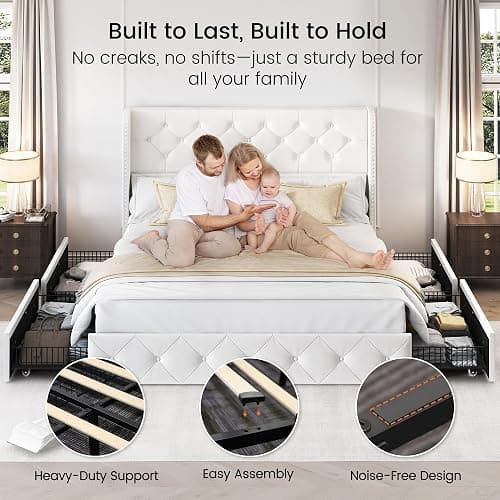 LARMACE Queen Size Bed Frame with 4 Storage Drawers and Wingback Headboard Velvet Upholstered Platform Bed Frame Tufted Beds with Wooden Slats Support, Easy Assembly, White thumbnail 6