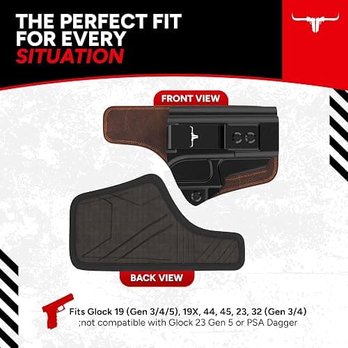 Texas Gun Holsters IWB Concealed Carry Holster Bundle - Premium Kydex & Leather Hybrid Holster with Tactical Belt, Ideal for Appendix Carry, Compatible with Glock 19 (Gen 3/4/5), 19X, 44, 45, 23, 32 thumbnail 4