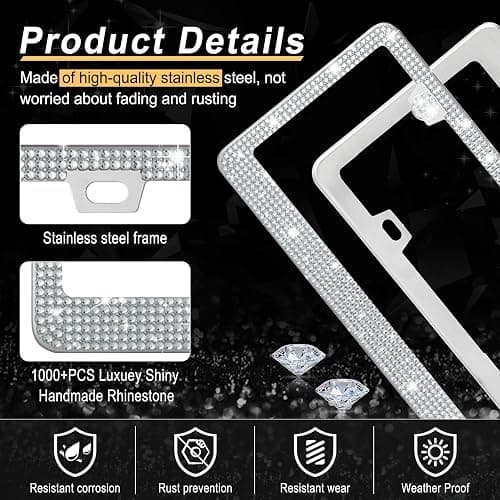 GaRhomxy Bling License Plate Frames for Women, 1 Pack Handcrafted Sparkly Rhinestone Car Accessories, Premium Stainless Steel Frame with 1000+ Faceted Glass Crystals & Free Glitter Caps (White) thumbnail 3