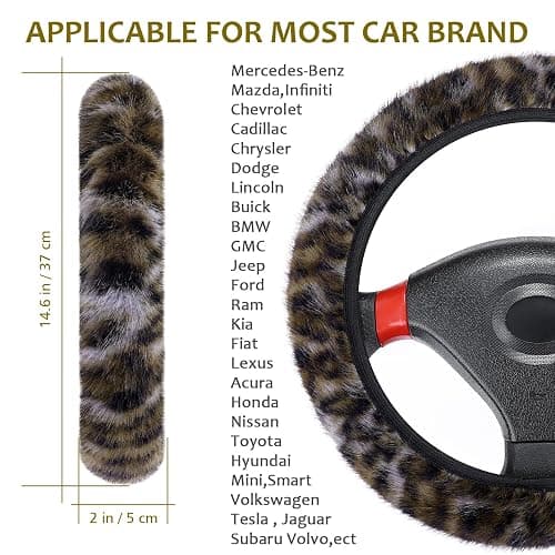 Accmor Fuzzy Steering Wheel Cover, Leopard Fluffy Car Wheel Cover for Women Men, Soft Furry Vehicle Steering Wheel Protector Warm Non-Slip Car Accessories 15 inch Universal Fit Auto, Suvs, Truck thumbnail 2