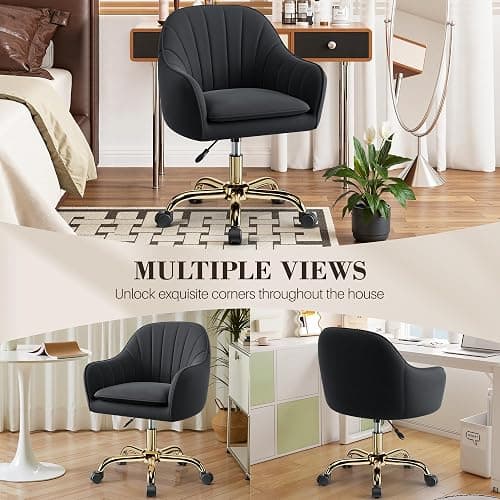 BestEra Vanity Chair with Wheels, Comfy Home Office Desk Chairs Adjustable Modern Velvet Makeup Vanity Chairs for Bedroom Living Room-Black thumbnail 5