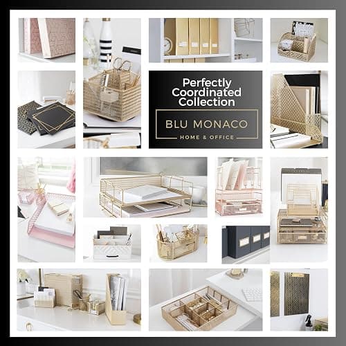 BLU MONACO | Gold Desk Organizer With Drawer | Metal Mesh File Holder & Vertical File Organizer | Desktop Storage for Office Supplies, Papers & Folders | 9.3" D x 13" W x 14" H thumbnail 8