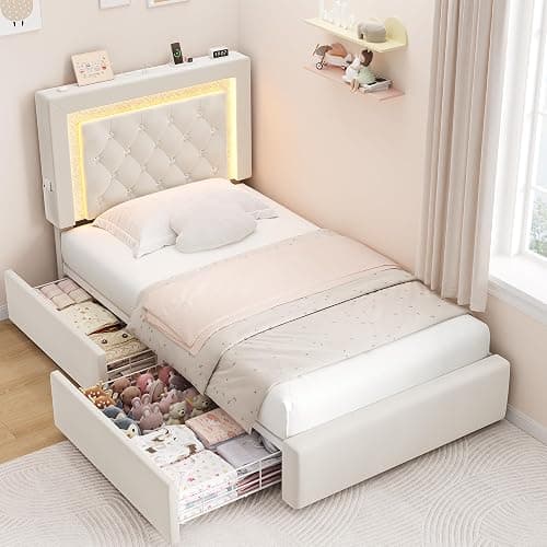 Twin Bed Frame with Storage Drawers and LED Lights, Velvet Upholstered Platform Bed with Diamond Headboard and Charging Station for Kids/Girls, Solid Wood Slats Support, No Box Spring Needed, Beige thumbnail 9