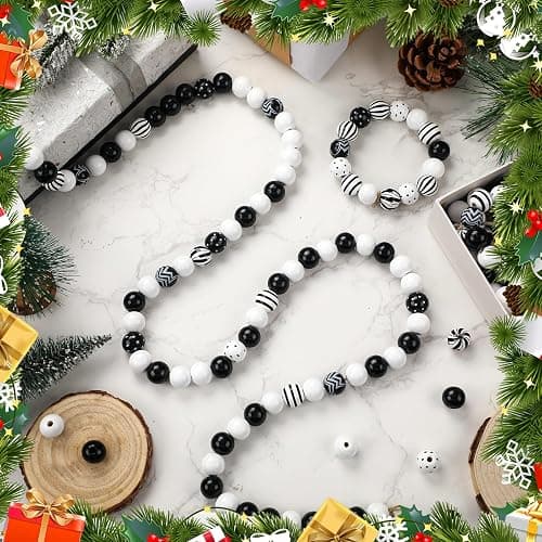 240 Pcs Black and White Christmas Wooden Beads for Crafts, 16mm Round Spacer Stripe Polka Dot Peppermint Beads Bulk for Jewelry Making DIY Garland Pens Winter Xmas Holiday Tiered Tray Tree Decor thumbnail 5