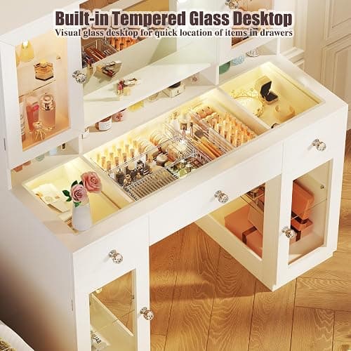 HUAHUU Vanity Desk with Mirror and RGB Lights, 43" Large Makeup Vanity with Glass Top, 4 Large Glass Cabinets, Power Outlet & 3 Drawers, 3 Colors Lighting Adjustable Brightness for Bedroom, White thumbnail 6