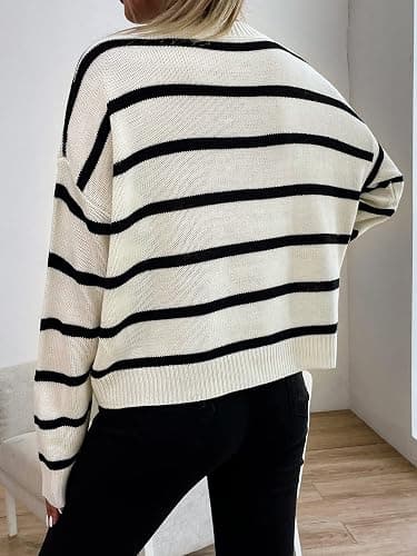 GORGLITTER Women's Striped Drop Shoulder Sweater Oversized Crew Neck Knit Sweaters Pullover Top thumbnail 2