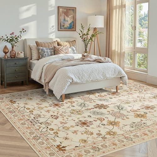 Rugxara Floral Rug for Living Room Bedroom, 5x7 Washable Rug, Vintage Boho Area Rug, Large Non Slip & Low Pile Wool Carpet for Indoor Dining Room, Girls Room, Nursery Room and Kids Room(Apricot 5x7ft) thumbnail 2