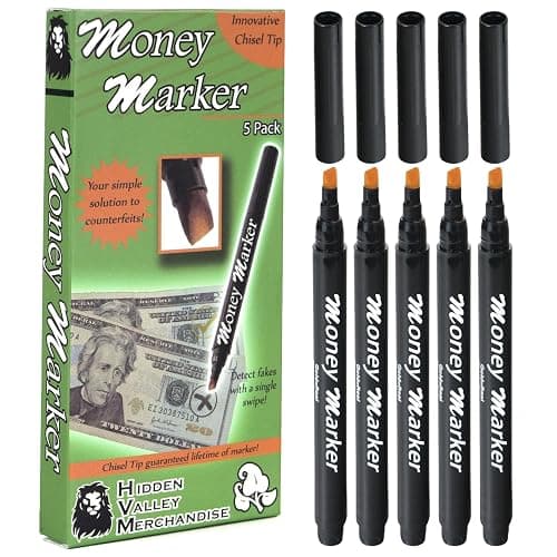 HVM Counterfeit Money Detector Pen (5 Counterfeit Pens) - Money Marker Bill Detector Pen with Upgraded Chisel Tip - Detect Fake Bills, Universal False Currency Checker Pack - Image 1