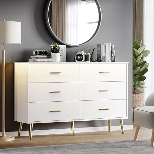 White Dresser for Bedroom, Dressers & Chests of Drawers for Clothes Storage, Wood Dresser for Closet with 6 Drawers, Wide Long Clothes Organizer with LED Light for Hallway, Entryway, Metal Handles thumbnail 3