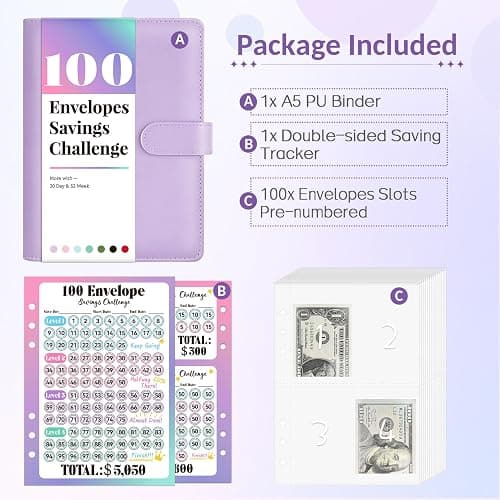 Sooez 100 Envelopes Money Saving Challenge, Savings Challenges Book with Envelopes & Challenge Tracker, Motivational Process to Save $5050, Money Saving Binder 100 Pocket Pre-numbered, Christmas Gifts thumbnail 2