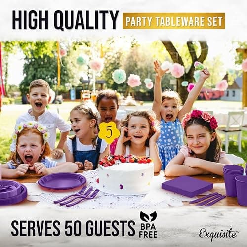 350 Pcs Purple Plastic Plates For Party, Purple Disposable Plates Set, 50 Of Each 9" Dinner Plate Set, 7" Dessert Plate, Cups, Napkins & Cutlery Plastic Dinnerware Set Exquisite thumbnail 6