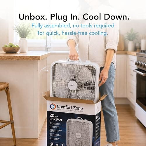 Comfort Zone Box Fan with Carry Handle, 20 inch, 3 Speed Full-Force Air Circulation Window Fan, Bedroom Floor Fan with 5 Blades, White Noise Cooling Fan, White thumbnail 7