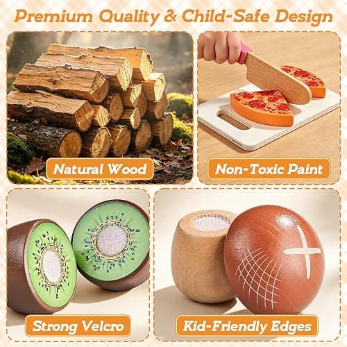 LAUGIGLE Wooden Play Food Sets for Kids Kitchen, Montessori Toy Food with Pizza Toy, Easter Eggs, Pretend Food Play Kitchen Accessories, Cutting Fake Food with Canvas Tote Bag, Birthday Christmas Gift thumbnail 4