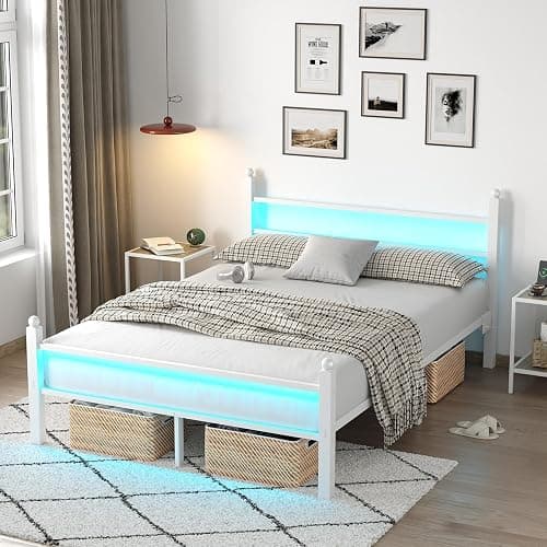 CollaredEagle Full Bed Frame with Headboard and Footboard, Metal Bed Frame with Charging Station and LED Lights, Under Bed Storage, No Box Spring Needed,Noise Free, White - Image 1