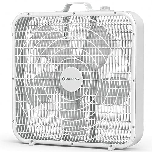 Comfort Zone Box Fan with Carry Handle, 20 inch, 3 Speed Full-Force Air Circulation Window Fan, Bedroom Floor Fan with 5 Blades, White Noise Cooling Fan, White - Image 1