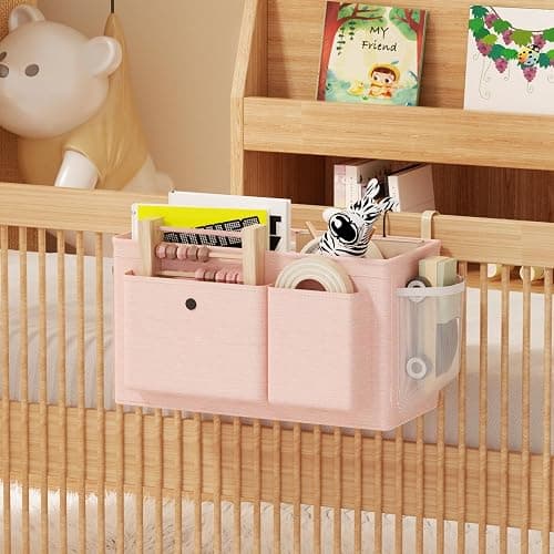 Bedside Caddy Bedside Organizer with Fixed Straps & Water Bottle Holder, Bunk Bed Caddy ideal for Home, Dorm, Hospital, Crib, Versatile Bedside Storage Solution (Pink) thumbnail 7