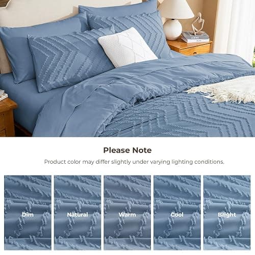 Litanika Full Comforter Set with Sheets, 7 Pieces Boho Bed in a Bag | Grey Blue Fluffy Lightweight Neutral Soft Warm Chevron Tufted Textured Bed Set thumbnail 9