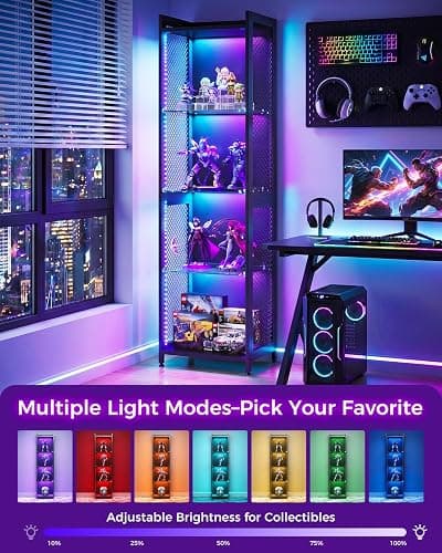 AODK Display Case with LED Lights, Display Cabinet with Open Glass Shelves for Small Space, 4-Tier Corner Display Shelf with Industrial Mesh, Curio Cabinet for Collectibles, Bookcase thumbnail 5