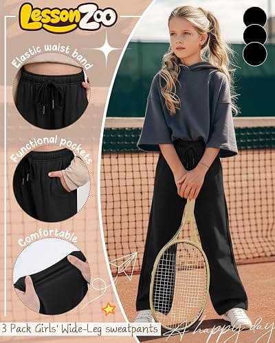 LessonZoo 3 Pack Girls' Sweatpants Wide Leg Drawstring Casual Kids Joggers Open Bottom Loose Solid Teen Pants with Pockets thumbnail 4