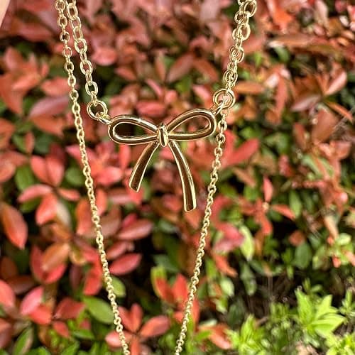 Qiuseadu Bow Bracelet Necklace Set 14K Gold Beaded Bracelet Dainty Bow Pendant Choker Jewelry Gift Set thumbnail 6
