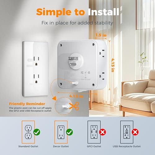 Multi Plug Outlet Extender, TESSAN Wall Surge Protector Plug Extender with 8 Sockets, Multiple Outlet Splitter with 3 USB Ports (1 USB C), Power Socket Expander with Switch for Home, Dorm, White thumbnail 2