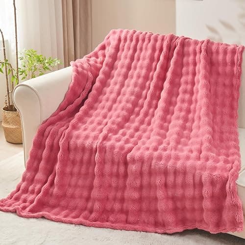 NEWCOSPLAY Throw Blanket for Couch Coral Pink Super Soft Flannel Fleece 3D Bubble Lightweight Bed Blanket All Season Use (Coral Pink, Throw(50"x60")) thumbnail 2