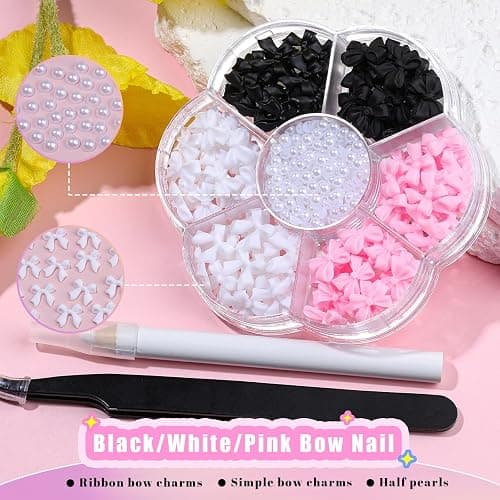Charms Kit for Nails, 400Pcs Bow and Flatback Pearls Set, 3D Acrylic Rhinestones for Nails Art Design, Pink Black White Bowknot Gems for DIY Crafts, Manicure Decoration Supplies thumbnail 2