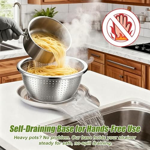 Palksky Stainless Steel Colander Set with Self-Draining Base, 3 Sizes Colanders & Food Strainers for Pasta, Rice, Fruits & Veggies, Metal Colander with Draining Plate for Sink or Countertop thumbnail 8