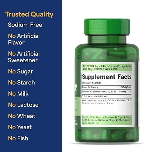 Puritan's Pride Berberine 500 mg, Dietary Supplement Support for Heart Health, Weight Loss, Support Blood Sugar and Cholesterol, 1 Month Supply, 60 Capsules thumbnail 6