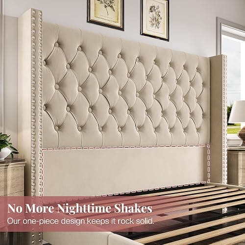 PaPaJet Queen Size Bed Frame with 61.4" Tall Headboard, Velvet Modern Upholstered Tufted Bed for Adults, Handmade Deep Button Tufting, Solid Wood Legs, No Box Spring Required, Cream thumbnail 8