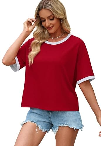 WIHOLL Womens T Shirts Loose Fit Short Half Sleeve Crew Neck Oversized Tshirts Color Block Summer Tops Fashion 2026 thumbnail 3