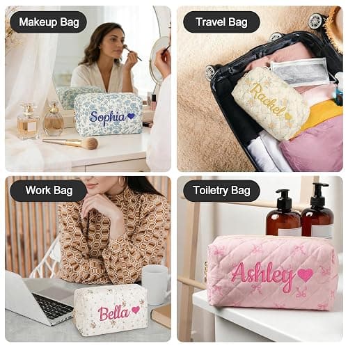 KUKULIKI Personalized Makeup Bag with Embroidered Name, Custom Cotton Floral Travel Toiletry Bag Cosmetic Bag Women Girls Bridesmaid Gifts for Wedding Day thumbnail 7