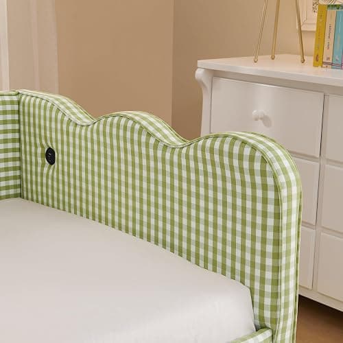 KEIKI Twin Size Upholstery Daybed with Trundle and USB, Twin to King Design Adorable Wave Shaped Extendable Linen Sofa Bed, Easy Assembly, No Box Spring Required, for Living Room and Bedroom, Green thumbnail 6