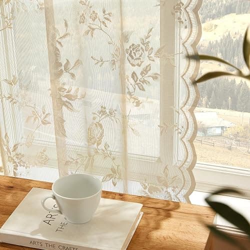 SEEKRIGHT Beige Lace Curtains 84 Inches Long Victorian Floral Sheer Curtains for Living Room Bedroom Decor Drapes Rod Pocket Light Filtering French Window Curtains 2 Panels Set for Dining Room, 52x84 thumbnail 4