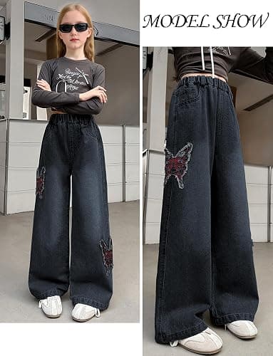Happy Cherry Girl's Jeans Wide Leg Loose Fit Y2K Denim Pants Elastic Waist Baggy Jeans 5-12Years thumbnail 5