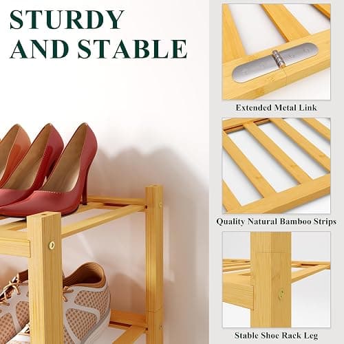 Smiry Shoe Rack, 3 Tier Bamboo Shoe Organizer, Stackable Free Standing Wooden Shoe Storage Shelf for Closet, Entryway, Front Door Entrance, Natural thumbnail 3