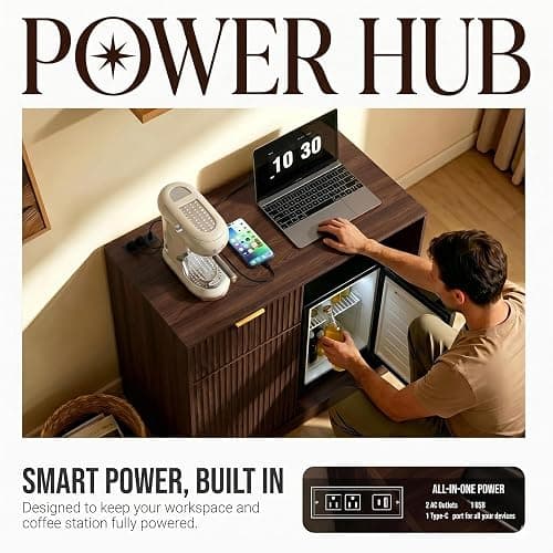 Mini Fridge Cabinet with Power Outlet, Coffee Bar Cabinet with Fridge Space & Wine Glass Rack, Fluted Buffet Sideboard with Drawer & Adjustable Shelf, Home Bar Cabinet for Living, Dining Room Kitchen thumbnail 4