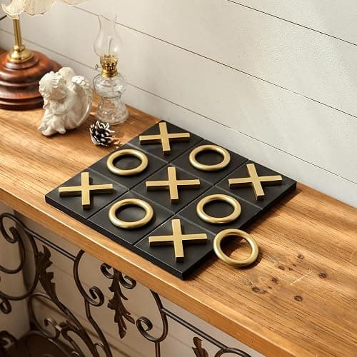 NIKKY HOME 12x12 Inch Tic Tac Toe Wood Game Board Classic Coffee Table Decor Modern Wooden Travel Game for Family, Black & Gold - Black thumbnail 2
