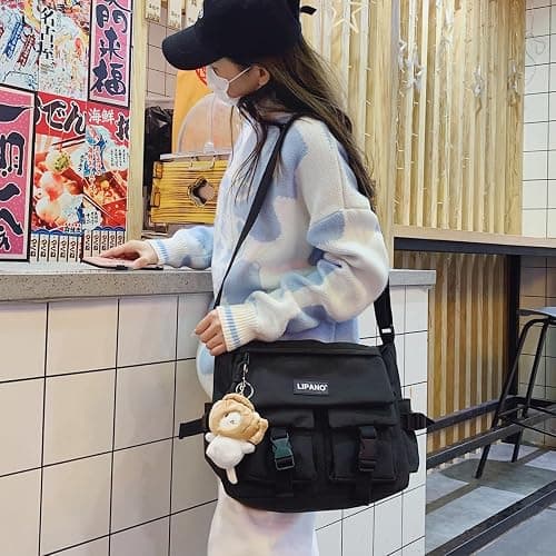 JQAliMOVV Nylon Messenger Bag Aesthetic Kawaii Bags with Doll Pendent Cute Japanese Messenger Bag for School thumbnail 3