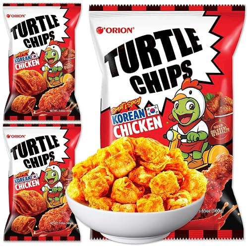 K-Munchies Orion Turtle Chips – Large 3 x 160-gram Sweet Spicy Chicken Flavor Korean Chips, Big Bag, Party Size Savory, Tasty, Crispy Korean Corn Snacks, Bite-Sized, On-The-Go Corn Snack for Family - Image 1