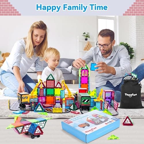 Theefun 70pcs Magnetic Tiles Road Set with Crane & 2 Cars Magnetic Blocks Double Side City STEM Construction Toy Gifts for Kids 3+ Years Old, Include 56 Magnetic Blocks, 13 Magnet Toppers, 1 Bag thumbnail 9