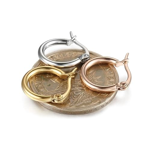 Jstyle 3 Pairs Stainless Steel Hoop Earrings Set for Women Mens Black Silver Gold Small Hoop Earring, Lightweight Click-Top Hoops Piercing 10-20MM thumbnail 3