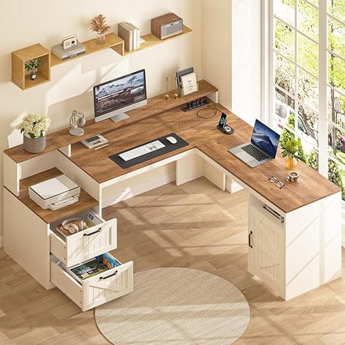 YOMILUVE 63" Farmhouse L Shaped Executive Desk with Drawers & Storage Shelf, Corner Computer Desk with Power Outlets, L Shaped Office Desk with Monitor Stand, Printer Shelf, Antique White thumbnail 4
