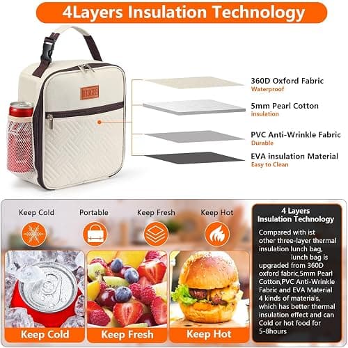 DIRGEE Lunch Bag for Women Insulated Lunch Bag For Men Adults Small Lunch Bag for Office Work - Leakproof Freezable Cooler Bag Reusable Portable Lunch Box (White) thumbnail 3