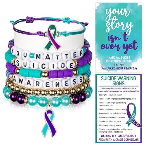 Y1tvei Suicide Awareness Bracelets Set- 7Pcs Suicide Prevention Awareness Colorful Clay Bead Surfer Bracelet with Purple Teal Ribbon Motivational Jewelry Gift for Suicide Mental Health Care Supplies - Image 1