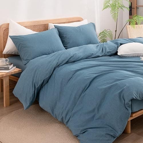 BESTOUCH Duvet Cover Set 100% Washed Cotton Linen Feel Super Soft Comfortable Chic Lightweight 3 PCs Home Bedding Set Solid Dark Blue Queen thumbnail 5